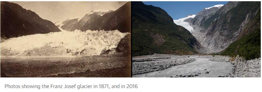 Comparing the snout of the Franz Josef glacier in 1871, when the snout is at the bottom of the valley and in 2016 when the snout has receeded far up the slope