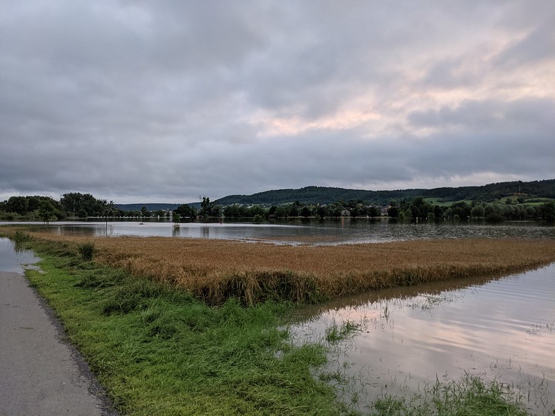 Flooded footpath through flooded fields