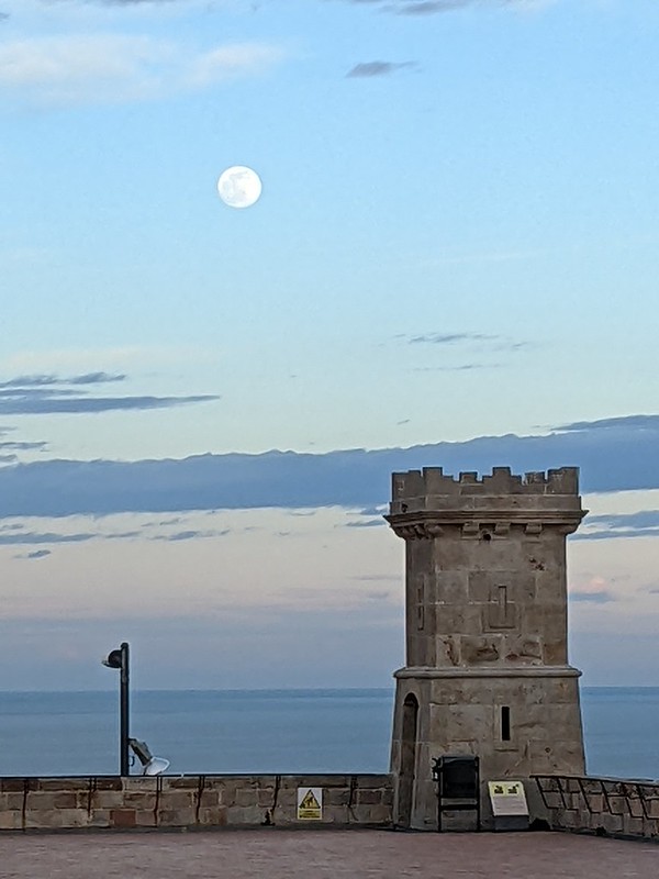 Moon above a castle turret, at dusk
