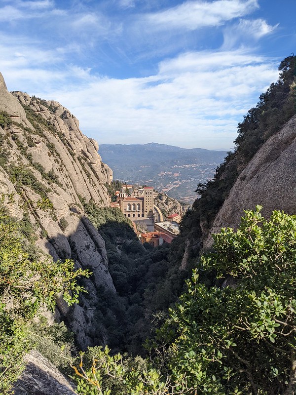 Looking down at Montserrat monastery from the nearby hills