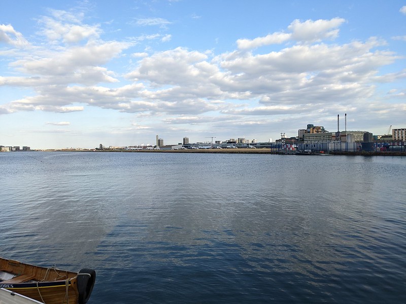 London city airport seen from across the marina