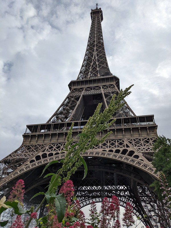 Looking up from the base of the Eiffel Tower as it reaches into the sky.