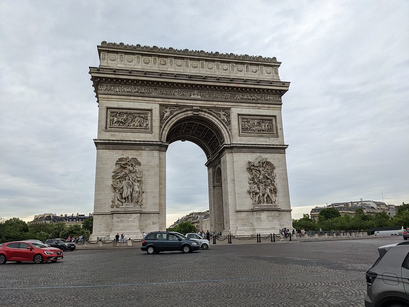 View of the impressive Arc de Triomphe from across the round about.