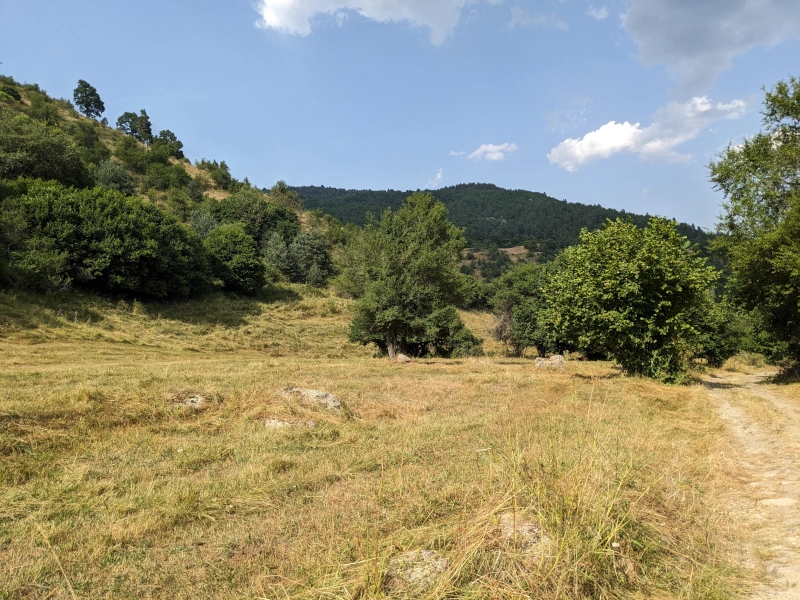 The trail leading past some meadows towards the waterfalls