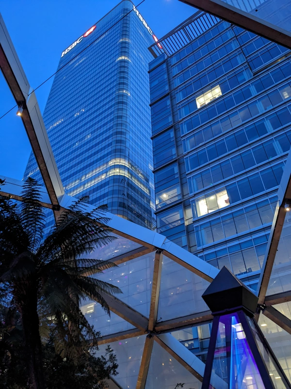 Looking up at the HSBC building from within the winter lights exhibition