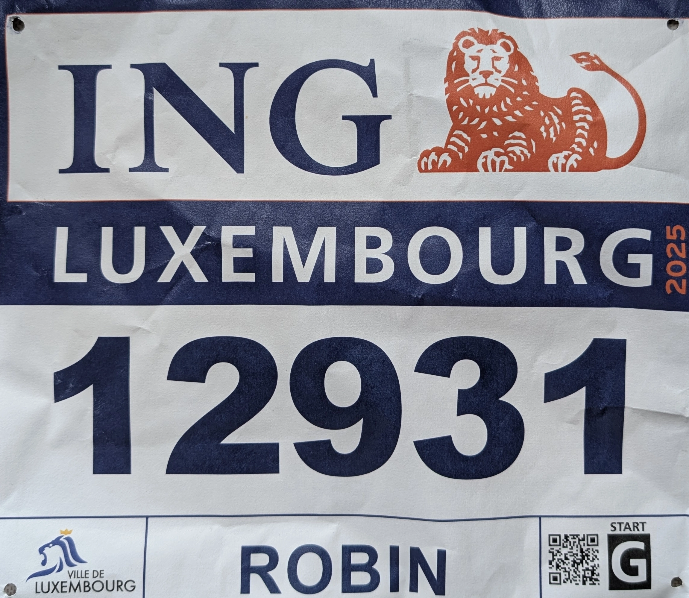 Bib showing my starting number, 12931, for the ING race