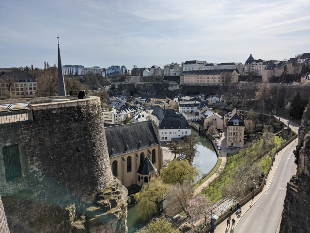 Looking over the Abbeye Neumunster and Alzette river in the Grund in Luxembourg City