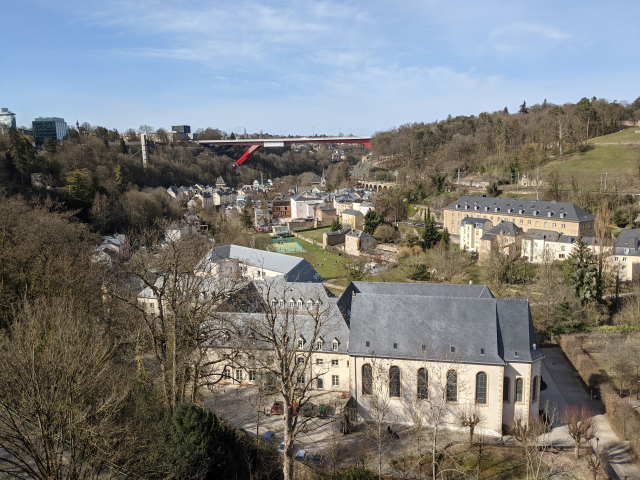 Looking on to the Red Bridge (also known as Pont Grande-Duchesse Charlotte) over Pfaffenthal and linking the city centre with the European Quarter in Kirchberg