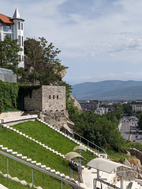 Roman amphitheatre with the Rhodope mountains in the distance